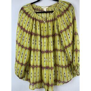 Sundance Sz M 100% Silk LS Sheer Abstract Shirred Neck Btn Front Peasant Blouse